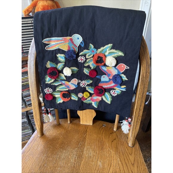 Pier 1 PomPoms & Embroidered Tropical Birds Black Background 72" Table Runner